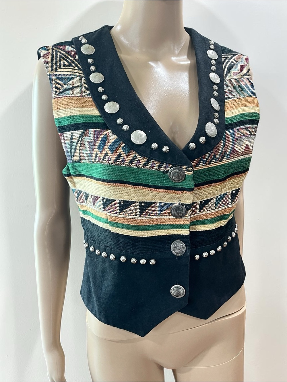 Western style Southwest Aztec vintage Tapestry Studded Concho Vest S/M